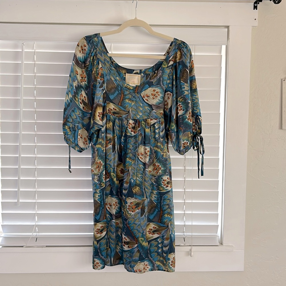 Gorgeous 100% Silk Dress Peacock Feather print midi dress - Picture 2 of 9
